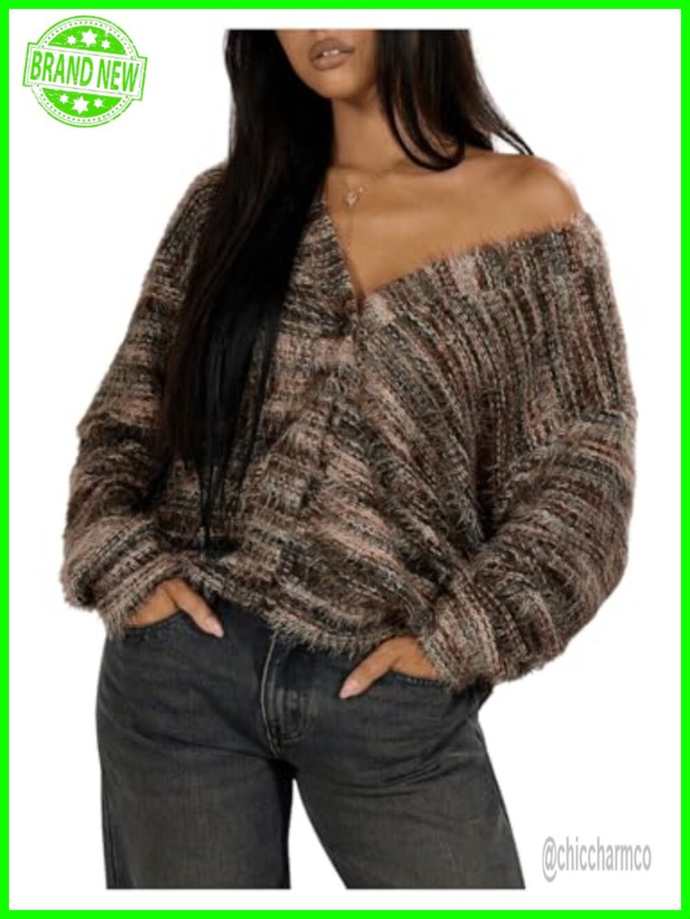 Oversized Striped Knit Cardigan Long Sleeve V-Neck Button Front Sweater